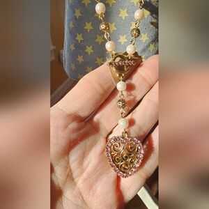 1928 Vintage Gold Tone and Pearl Necklace Heart Pink Rhinestone Pendant
